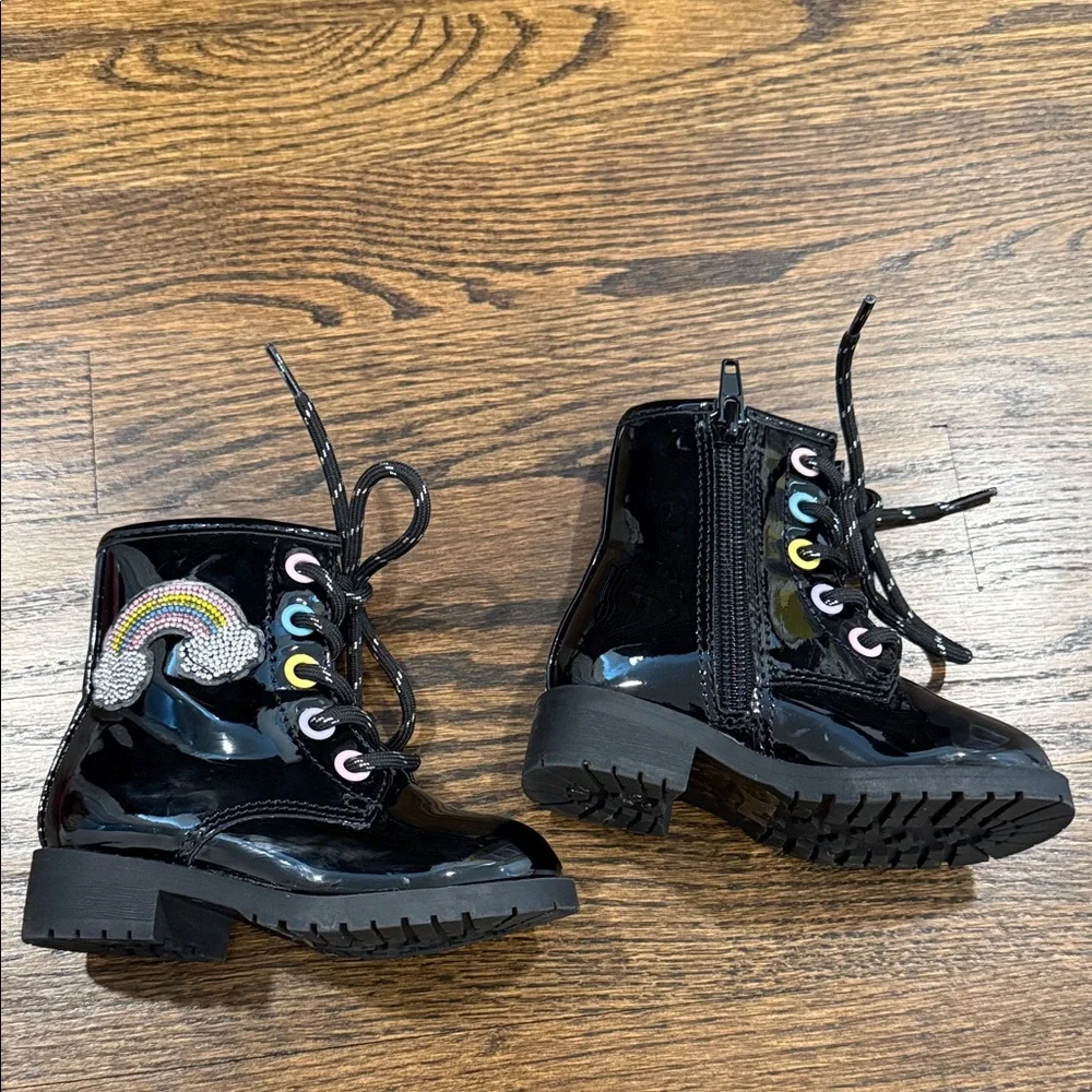 Black Patent Leather Kids Boots with Rainbow Detail
